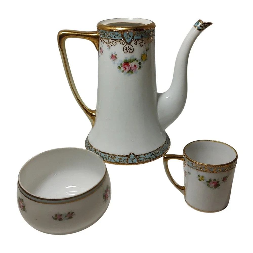 Antique Nippon Chocolate Pot Demitasse Mug Sugar Bowl Gold Moriage‎ Hand Painted